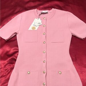 Zara Pink Short-Sleeve Button Front Knit Dress